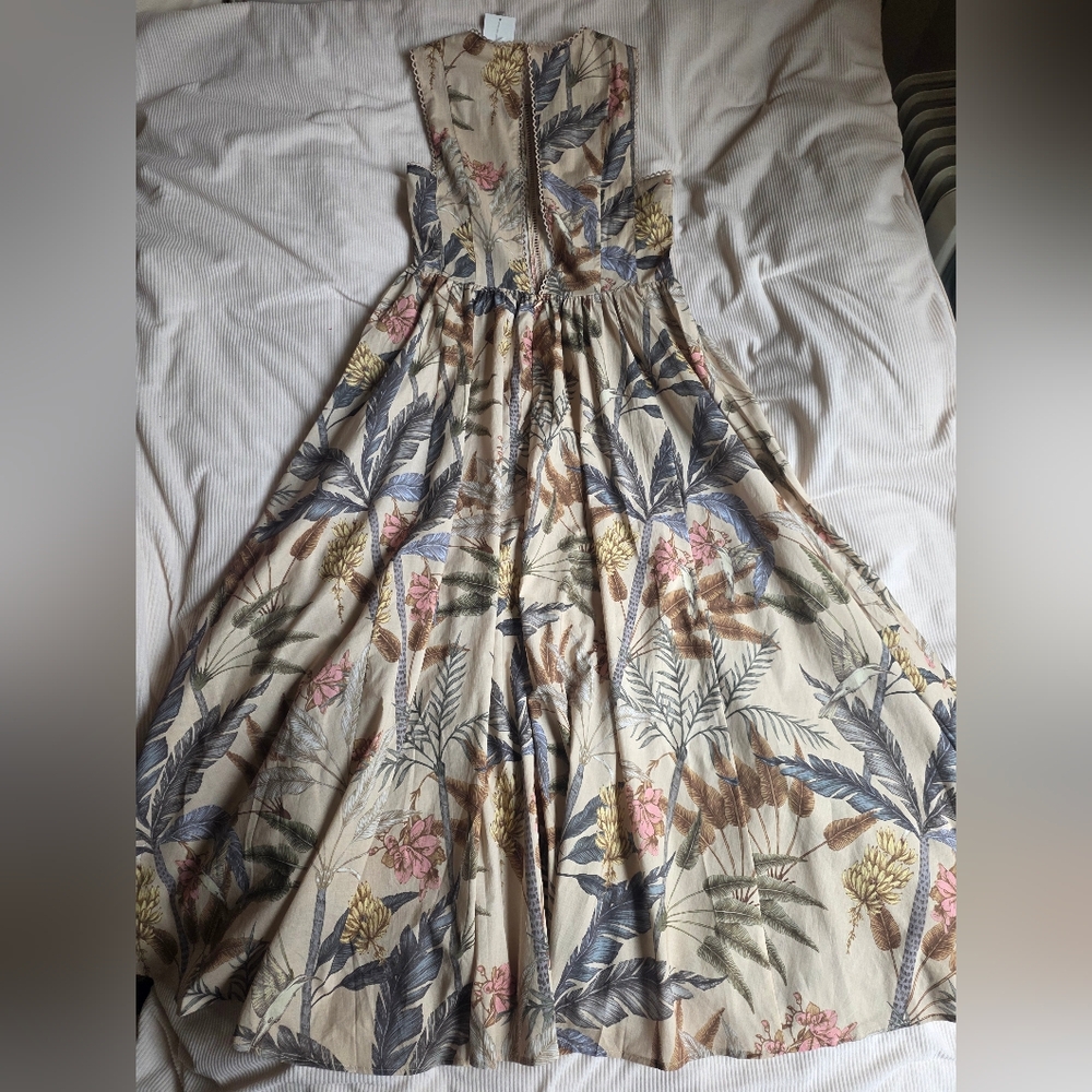 H&M Lace Detail Cotton Dress Maxi Floral Plants Multicolored Unlined Bnwt - Picture 3 of 15